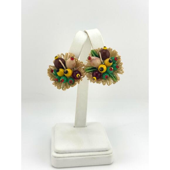 VTG Made In West Germany Burst Cluster Fruit Vegetable Flower Clip On Earrings - Picture 4 of 9